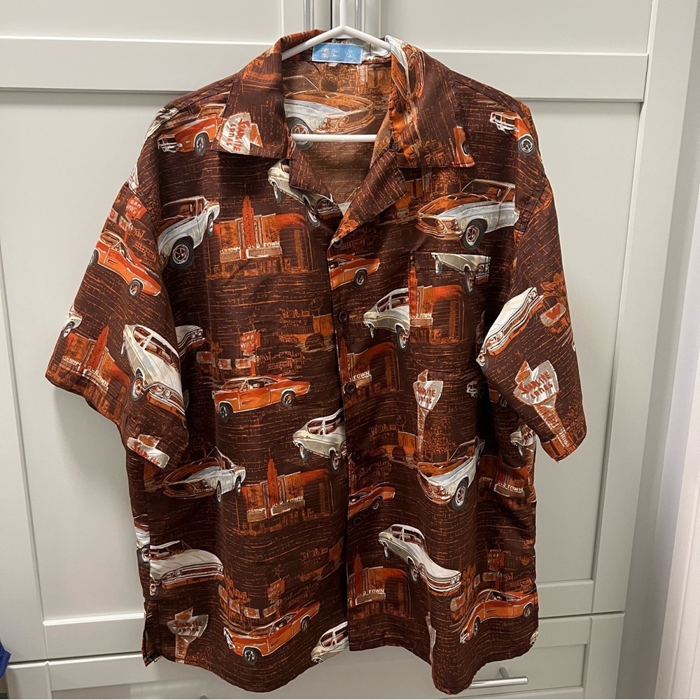 Vintage Car Print Brown Lightweight Button Up Shirt Size XXL